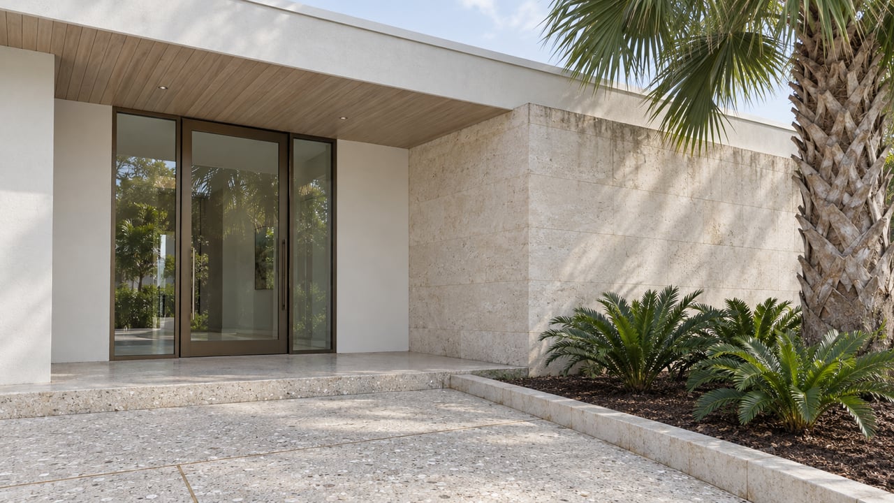 Sunlit contemporary home entry with pale limestone, a bronze-framed glass door, shell-aggregate paving and a mature palm.