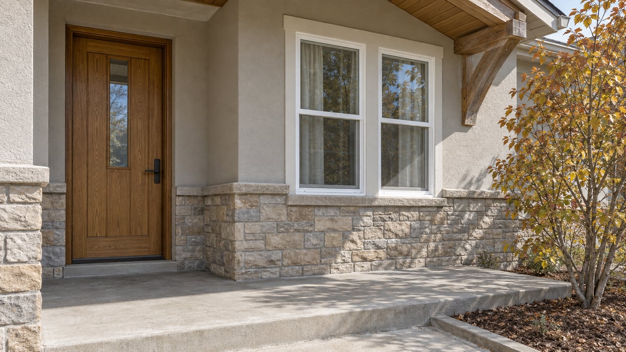 Close view of a covered home entry with pale stone, warm wood door, paired white-trimmed windows, and autumn serviceberry branches.