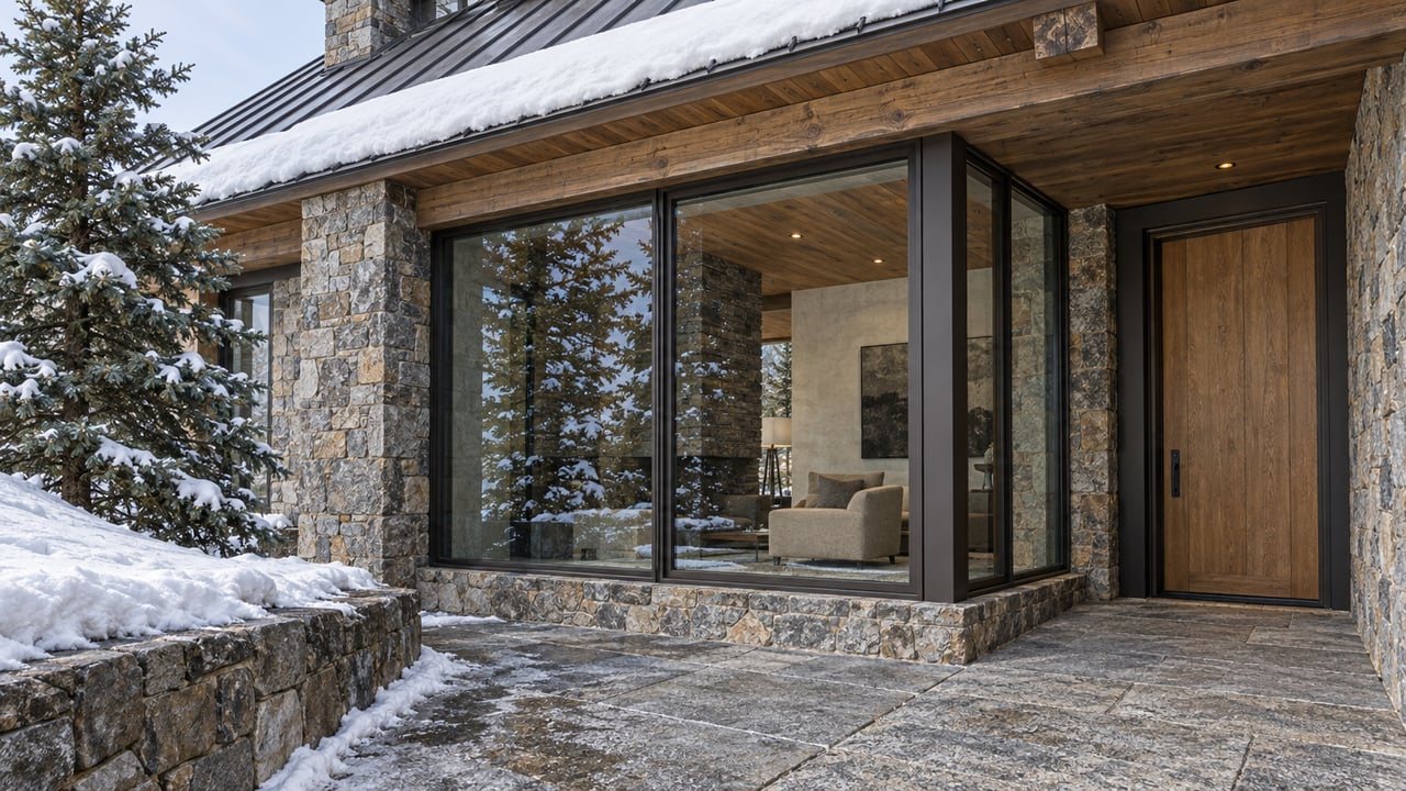 Snow rests along the timber roof and stone landing of a luxury residence with dark-framed glazing and a mature spruce.
