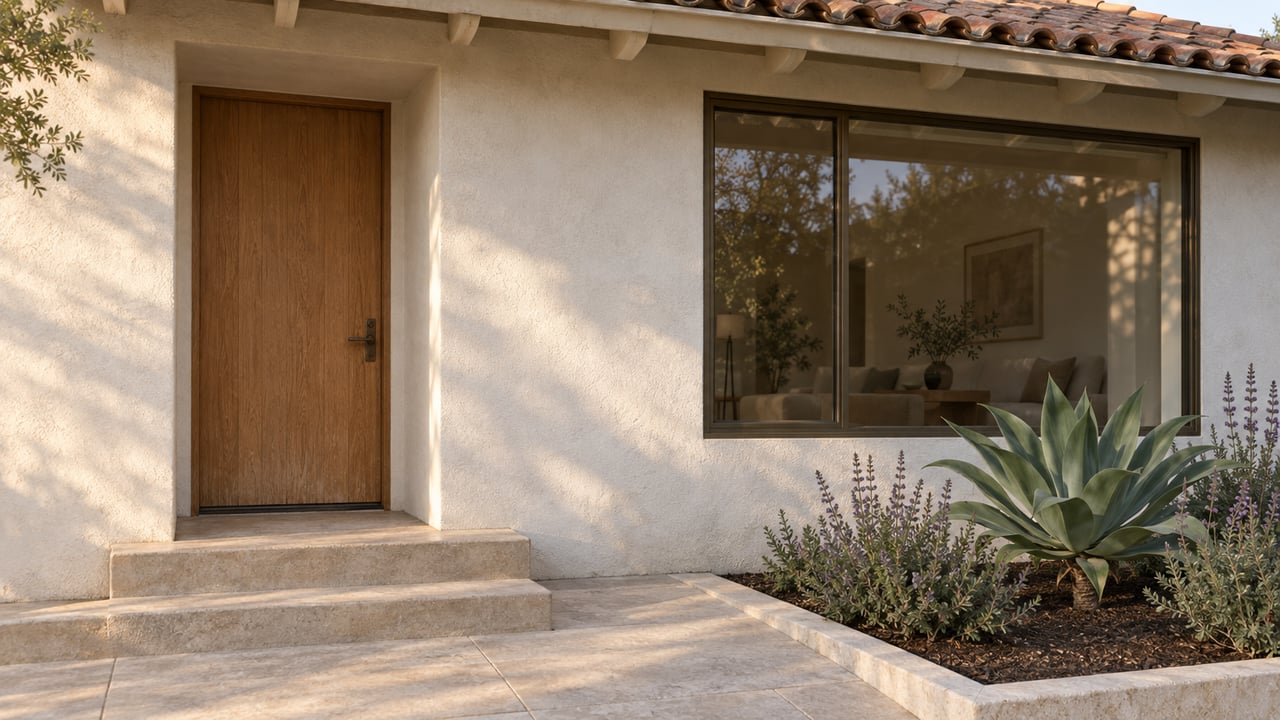 Warm-white stucco home with a recessed oak door, bronze-framed window, limestone entry steps and sculptural planting.