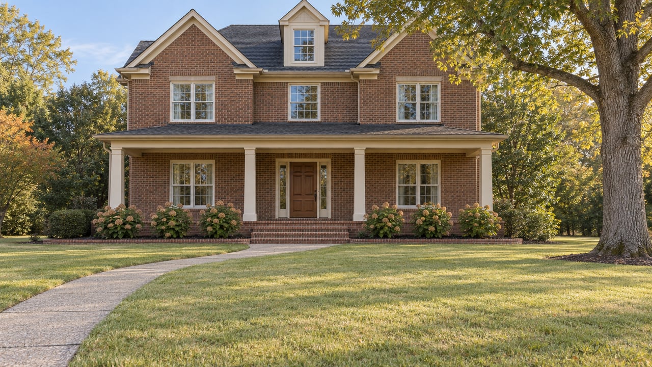 Traditional red-brick home with a covered cream-columned porch, broad lawn, mature white oak and oakleaf hydrangeas.