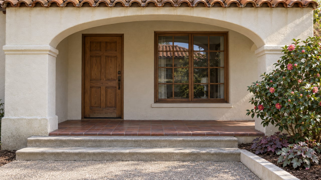 Sunlit ivory stucco porch with a terracotta roof, oak front door, divided-light window and camellia planting.
