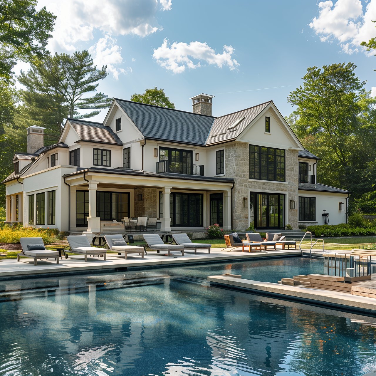 Large white two-story house with stone accents overlooking a swimming pool and furnished patio.