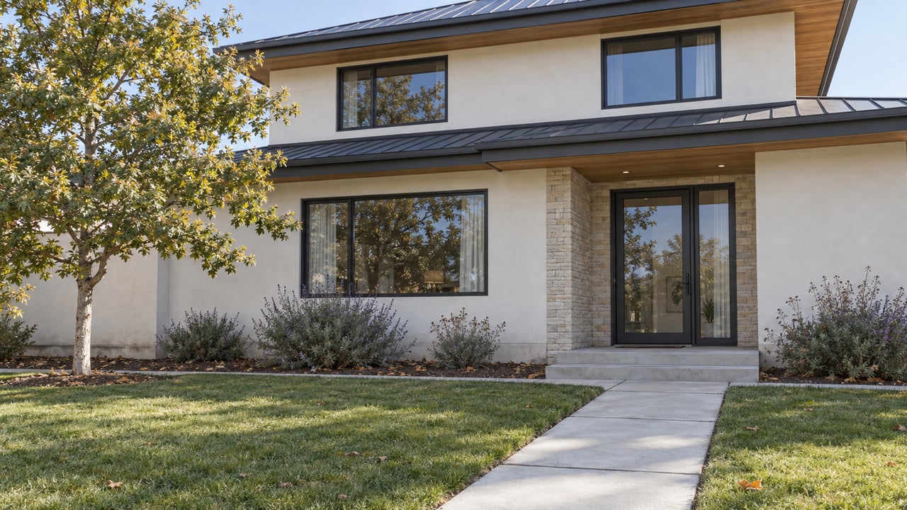 Contemporary two-story stucco home across a deep lawn, with a concrete entry walk, stone-clad doorway and a spreading oak.