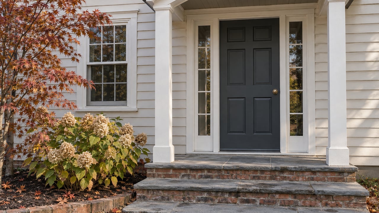 Off-white clapboard entry with charcoal door, glazed sidelights, worn bluestone steps, and russet leaves.