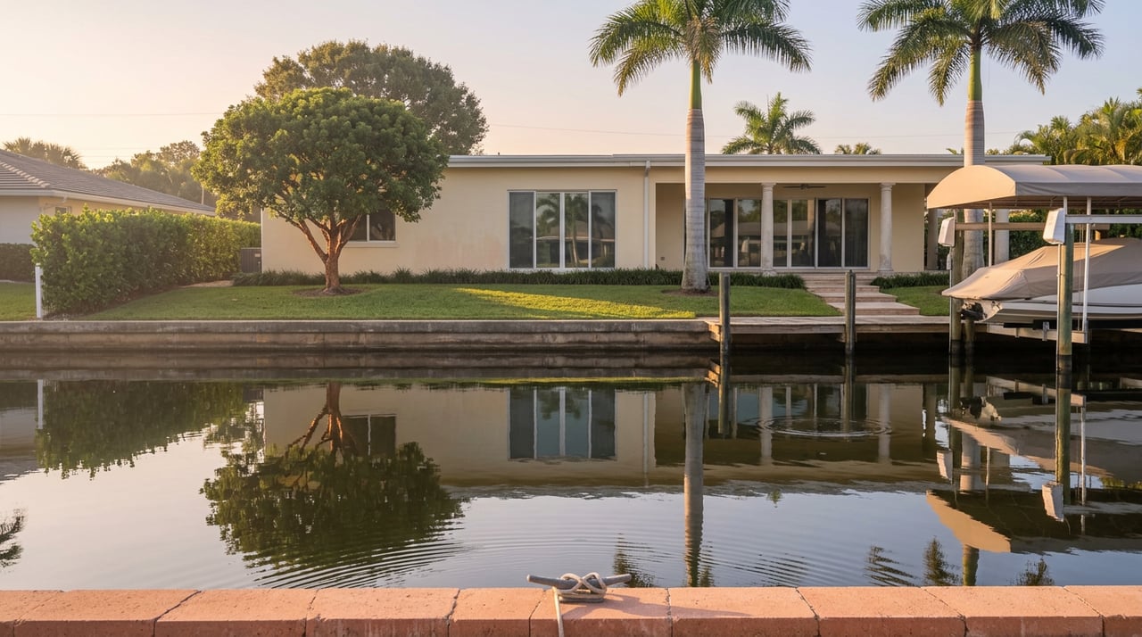 Cream-stucco waterfront home with a covered boat slip, reflected in a still canal behind a coral-stone seawall.