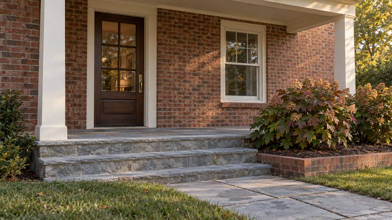 Brick home entry with a glazed oak door, blue-gray stone steps, ivory porch trim and oakleaf hydrangeas beside the lawn.