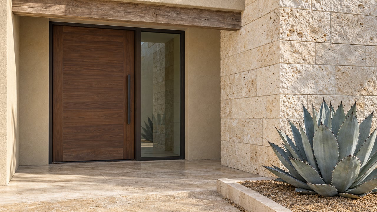 Sunlit limestone and sand-colored stucco frame a recessed walnut front door, beside a blue-gray agave and travertine landing.