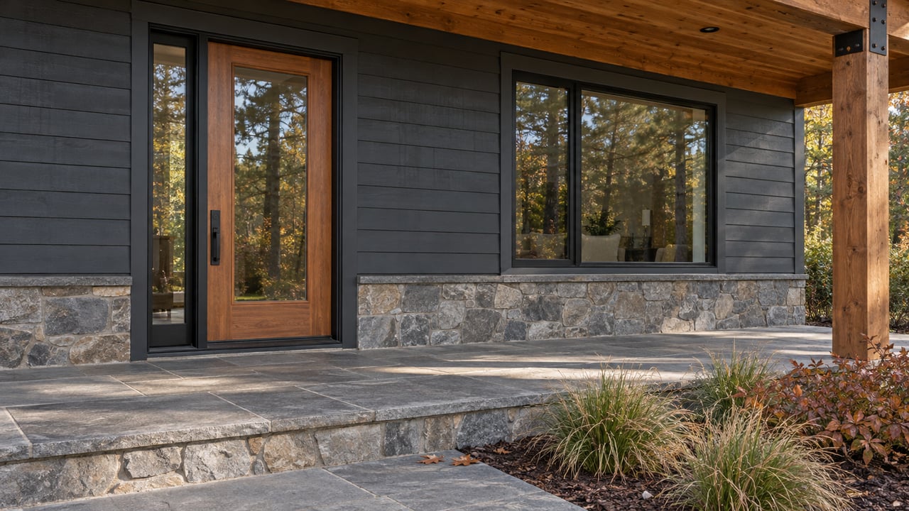 Cedar entry and charcoal siding beneath a timber porch, with black-framed glazing, gray stone paving, and autumn native planting.