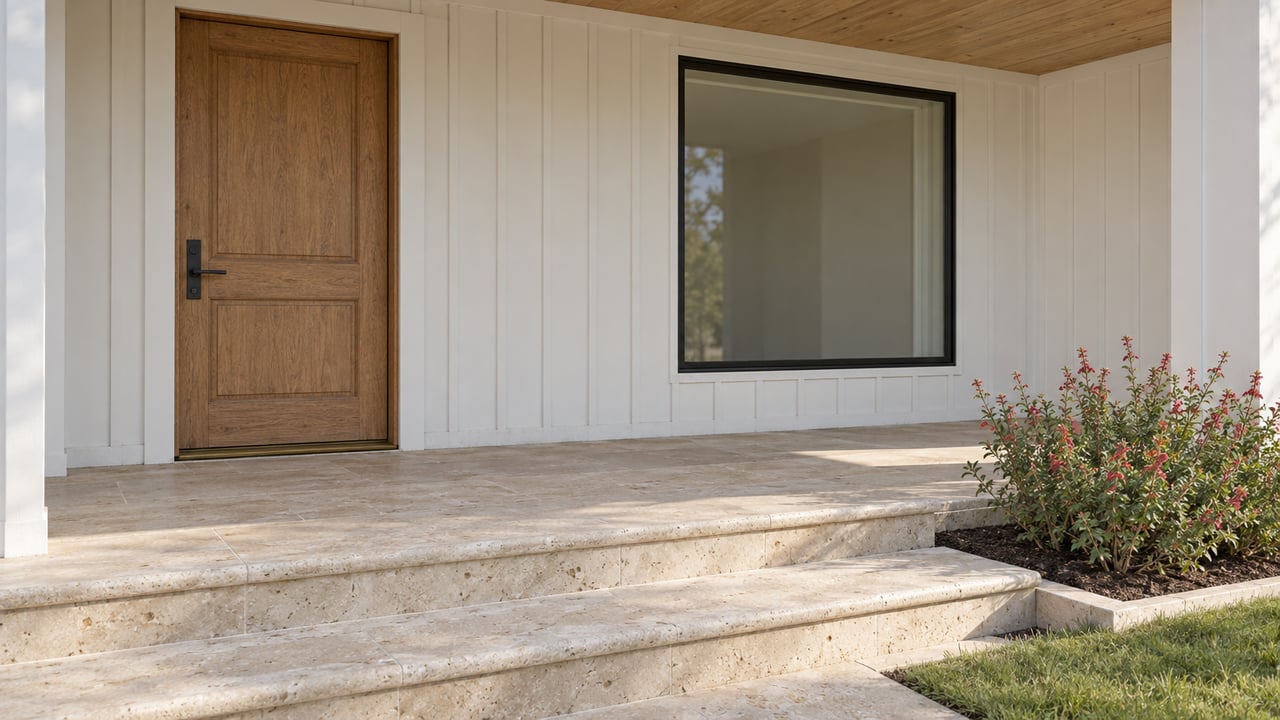 White board-and-batten home entry with an oak door, black-framed window, and weathered limestone steps beside red-flowering autumn sage.