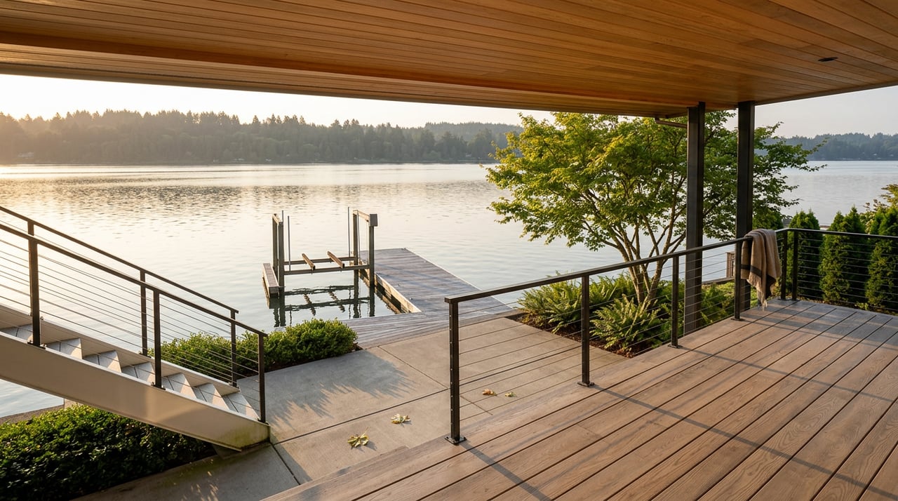 Covered cedar deck overlooking a lower sundeck, floating dock, calm water, and wooded shoreline.