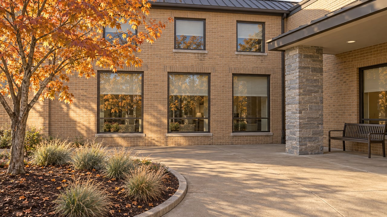 Brick senior-living courtyard with bronze-framed windows, a covered terrace, stone pier and autumn maple.