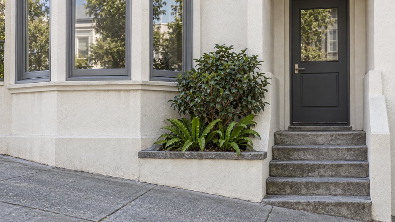 Ivory stucco home with a projecting window bay, recessed charcoal door, worn stone steps and a planted masonry pocket beside a sloping sidewalk.