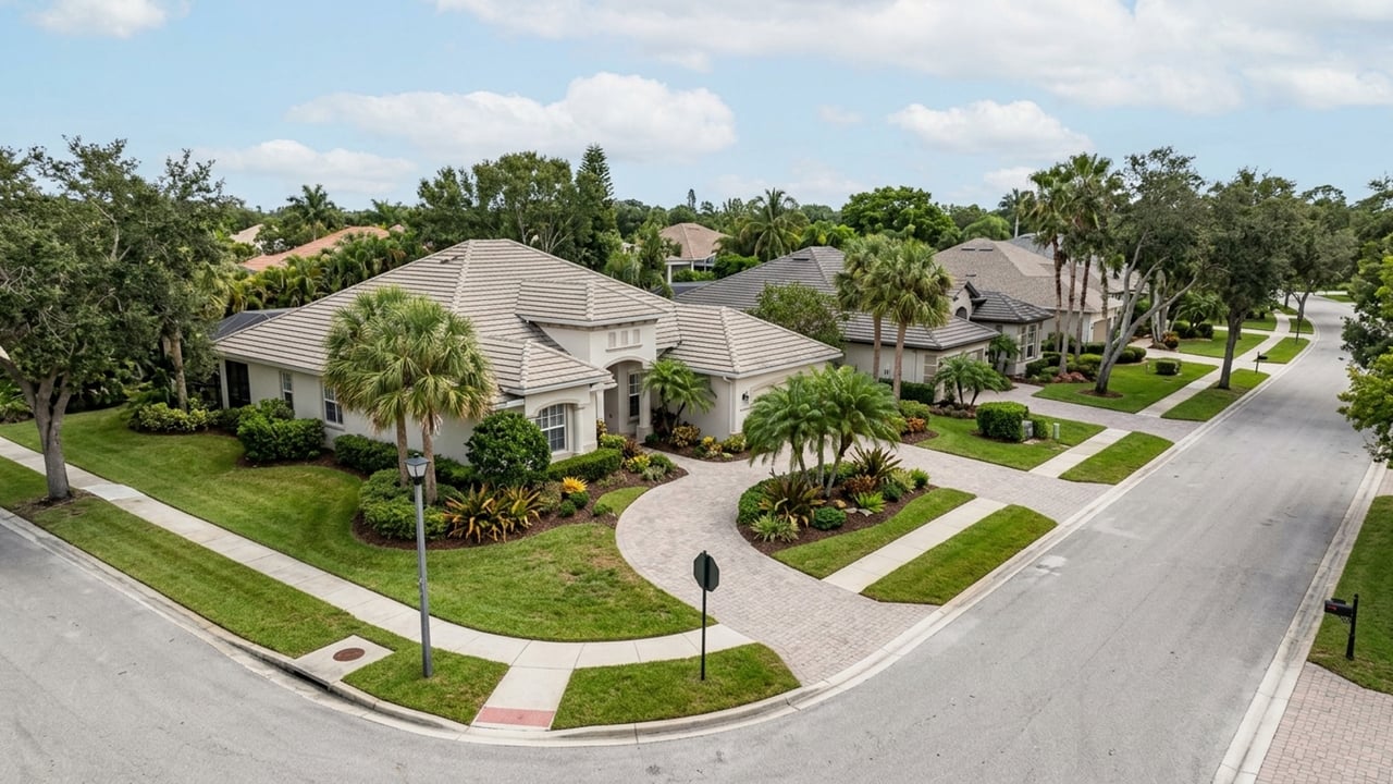 Aerial view of a tiled-roof home with a curved driveway and tropical landscaping at a street corner.