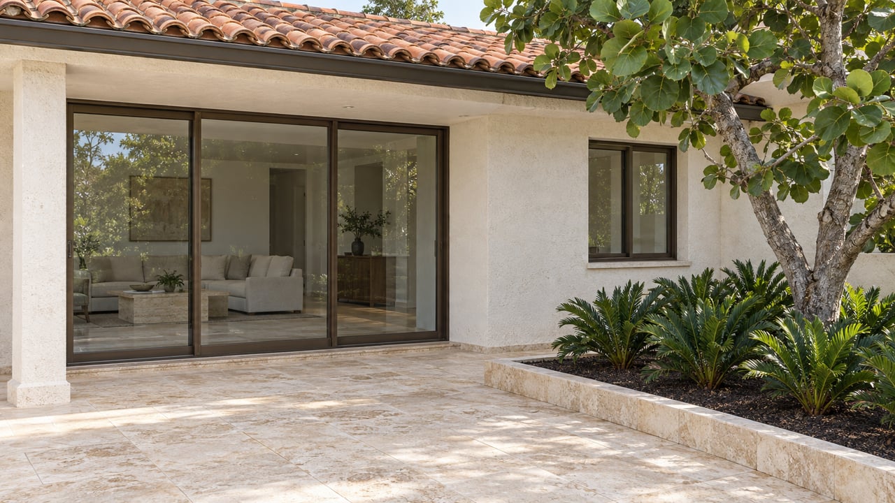 A covered limestone terrace beside a light stucco home, with bronze-framed glass doors and a sculptural sea grape tree.