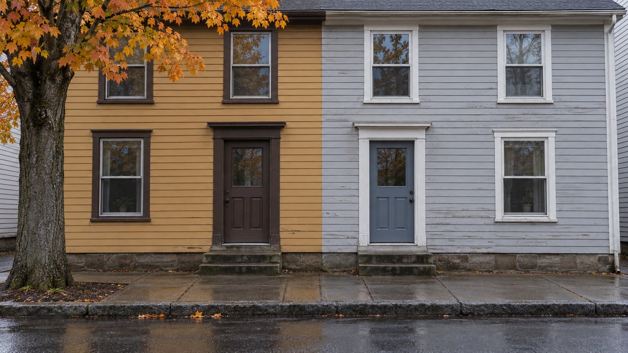 Two attached clapboard homes with separate stoops, beneath an autumn tree beside a wet sidewalk.