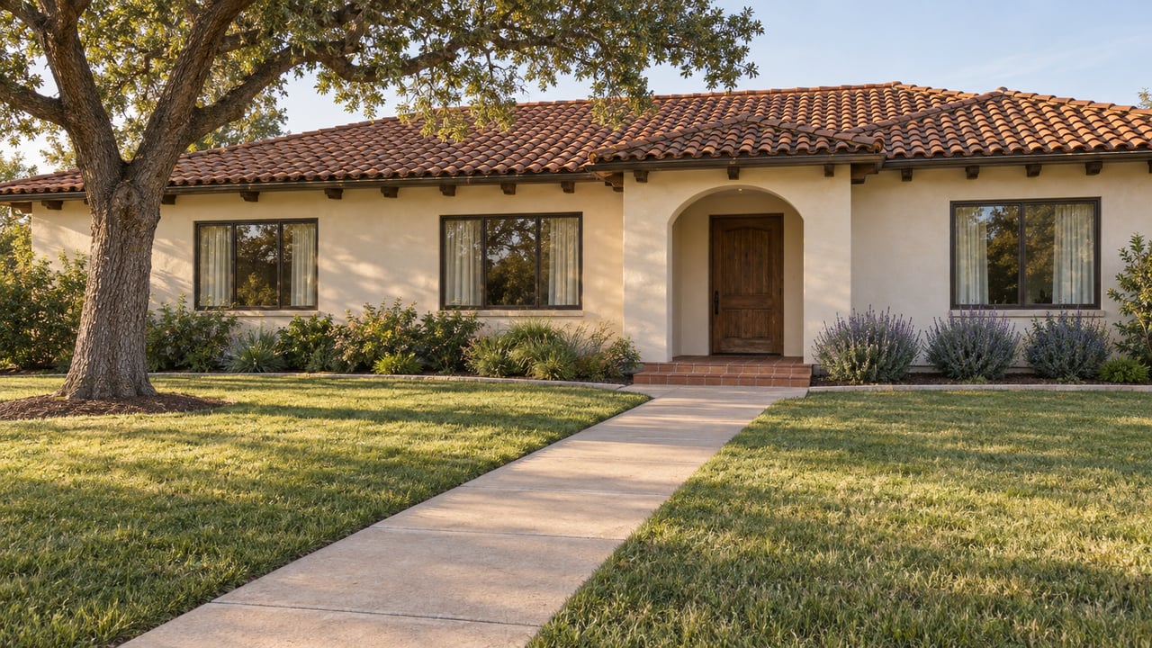 Cream stucco home with a terracotta roof, arched entry, deep front lawn and mature oak in warm afternoon light.