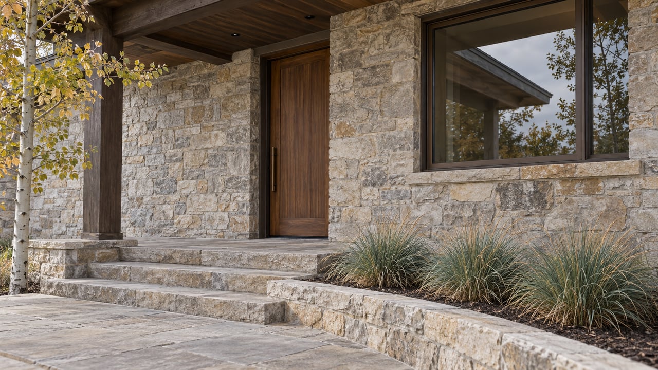Recessed walnut door and bronze-framed window in a limestone entry, beside shallow steps and sparse autumn plants.