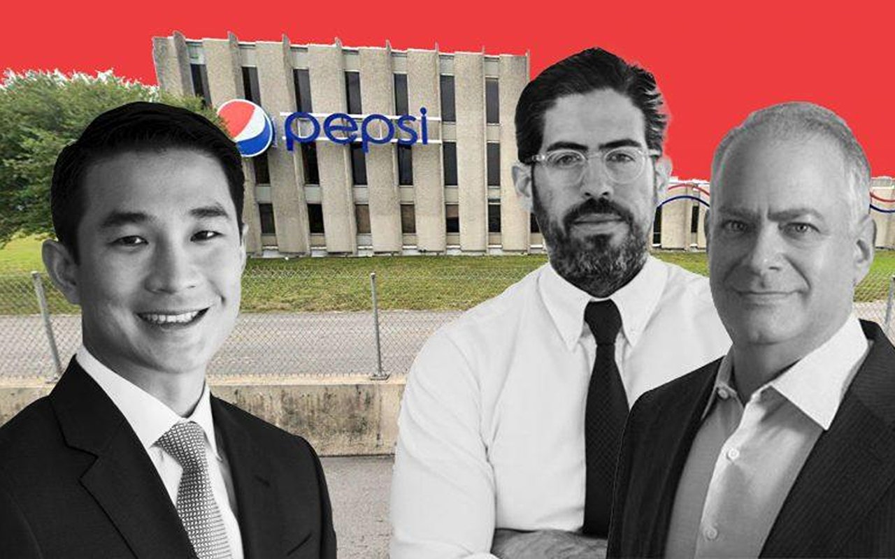 Three business executives pictured in front of a Pepsi-branded office building.
