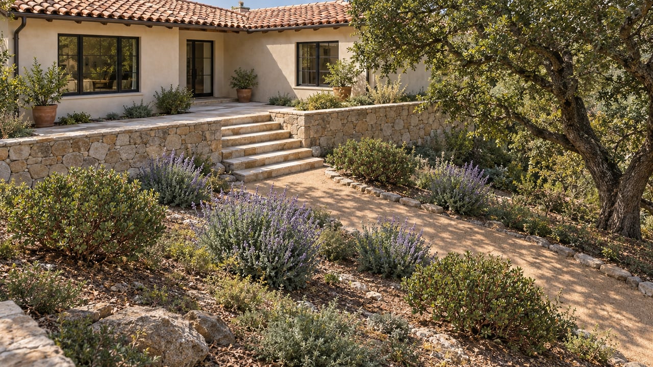 Sloping garden with a bending gravel path, stone retaining wall, limestone steps, and cream-stucco house.