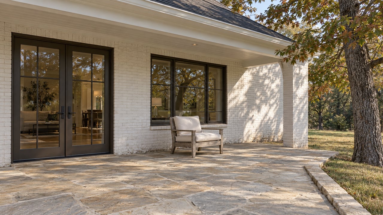 White-painted brick home with bronze-framed glass doors, a flagstone terrace and a teak chair beside a mature oak.