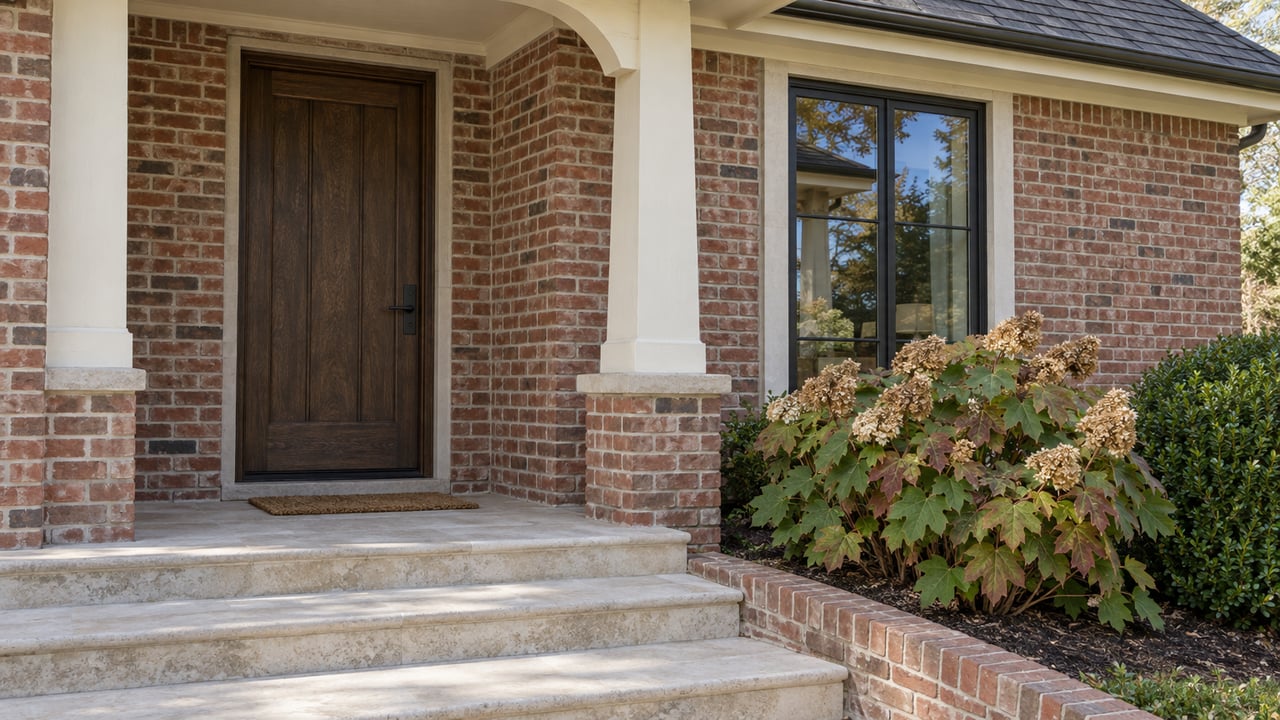 Brick house entry with a dark oak door, limestone steps, and hydrangea beside the porch.