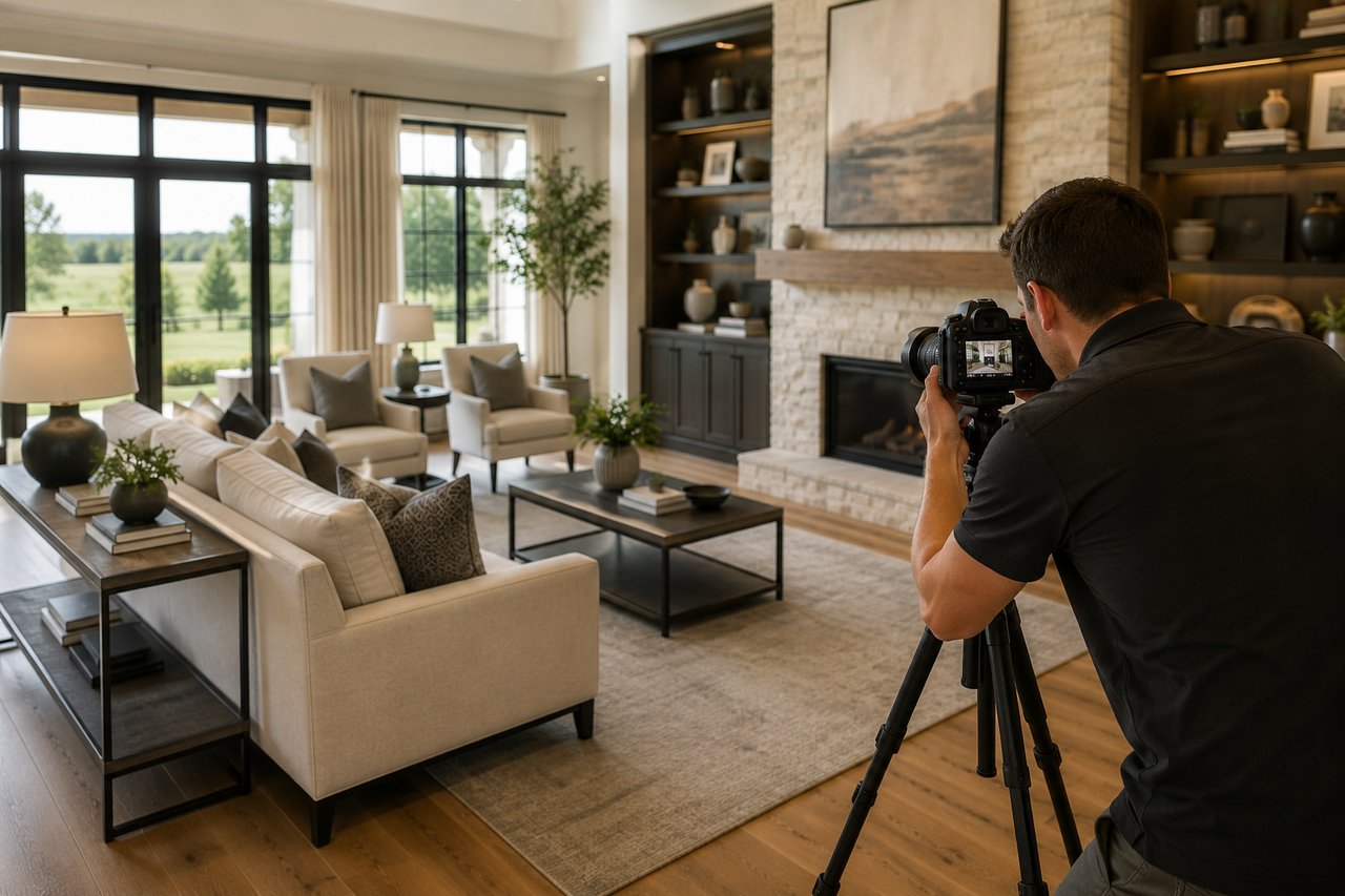 Professional real estate photographer capturing a beautifully staged luxury home interior, highlighting the importance of high-quality photography when preparing a luxury property for sale.