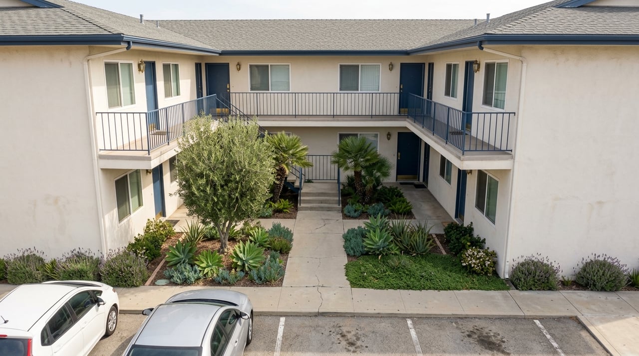 Two-story stucco apartment building wraps around a landscaped courtyard beside a small parking court.