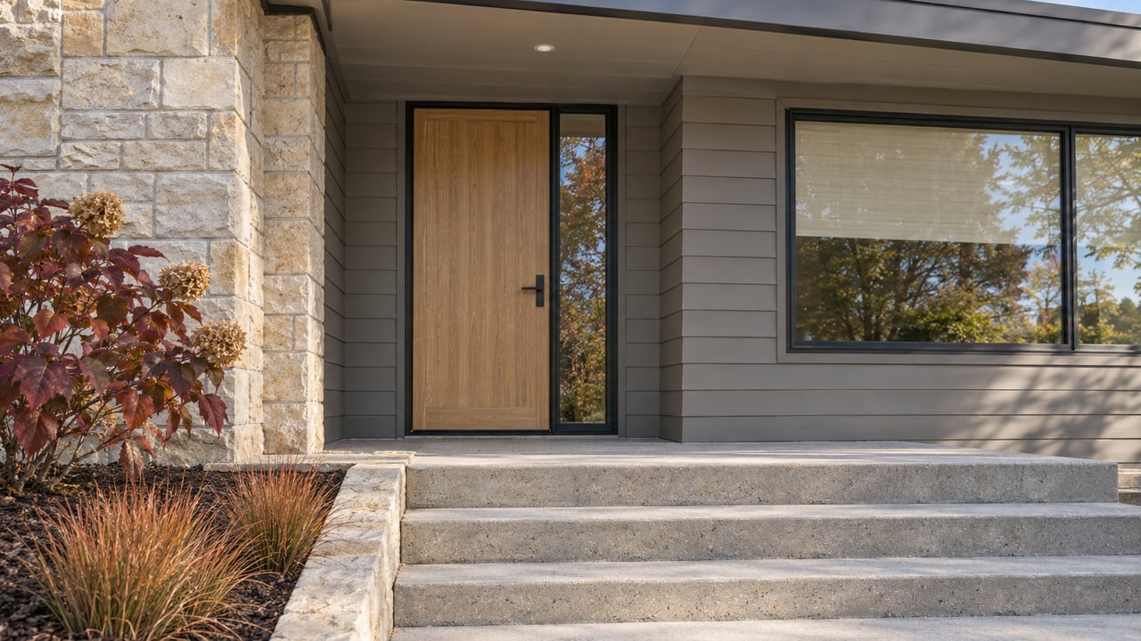 Contemporary covered home entry with an oak door, limestone pier, broad window and copper-toned autumn planting beside concrete steps.