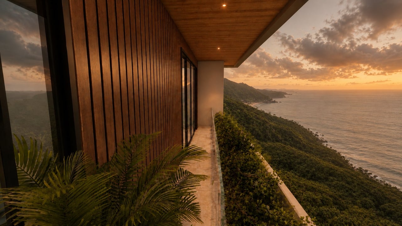 Modern coastal residence with a wood-slat facade and balcony overlooking the ocean at sunset.