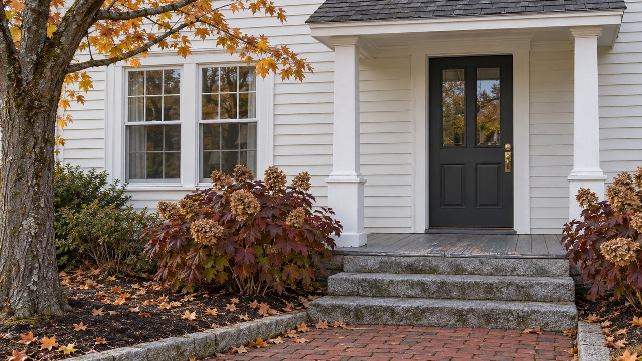 White clapboard home with a charcoal front door, granite steps, brick walk and burgundy oakleaf hydrangeas beneath autumn maple leaves.