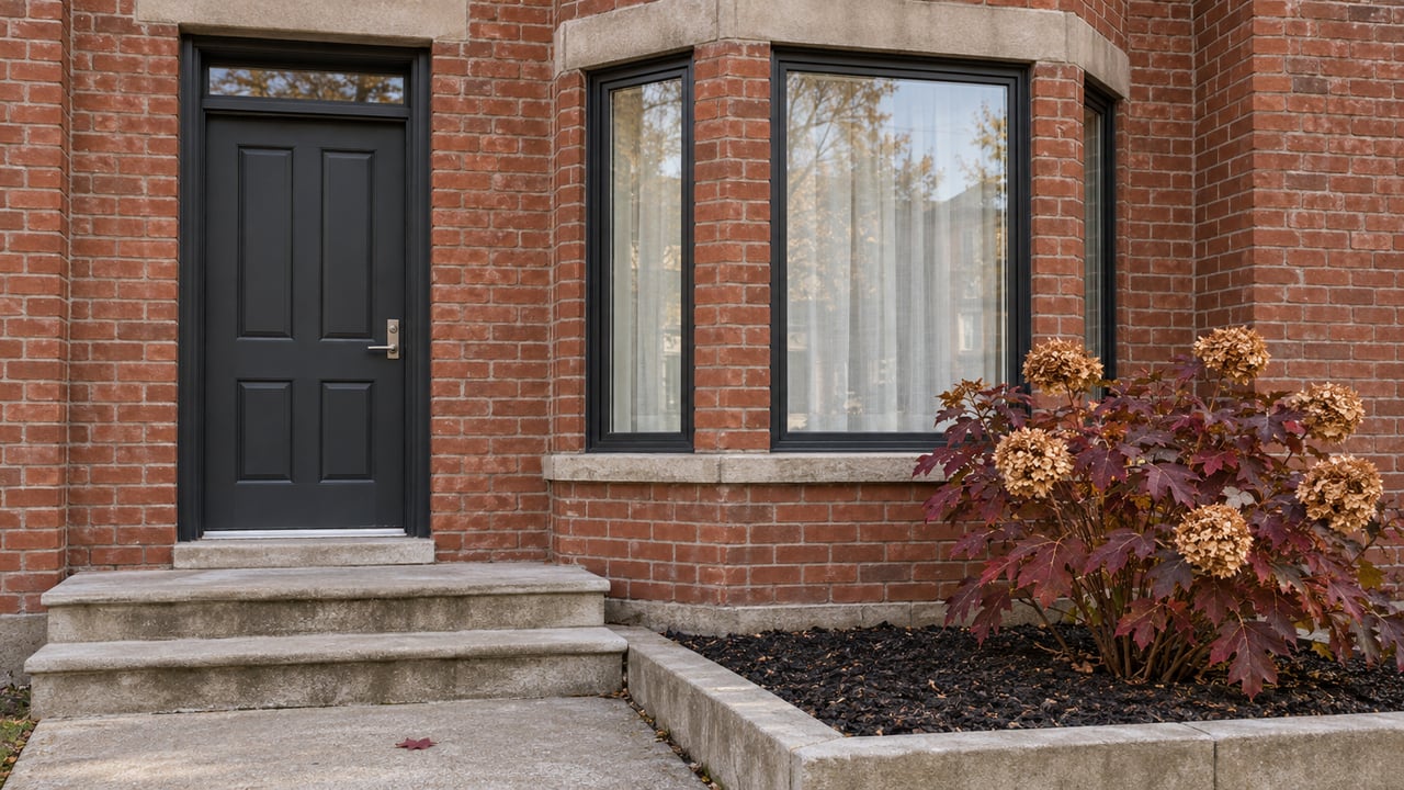 Red brick home entrance with a charcoal door, dark-framed bay window, limestone steps and burgundy oakleaf hydrangea.