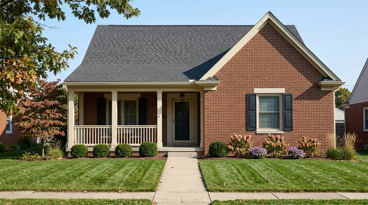 Brick house with a covered porch, front gable, navy shutters, and an autumn garden.