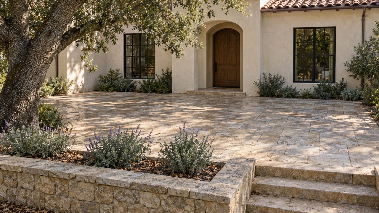 Cream stucco house with an arched oak entry, limestone courtyard, and stone retaining wall beneath an oak tree.