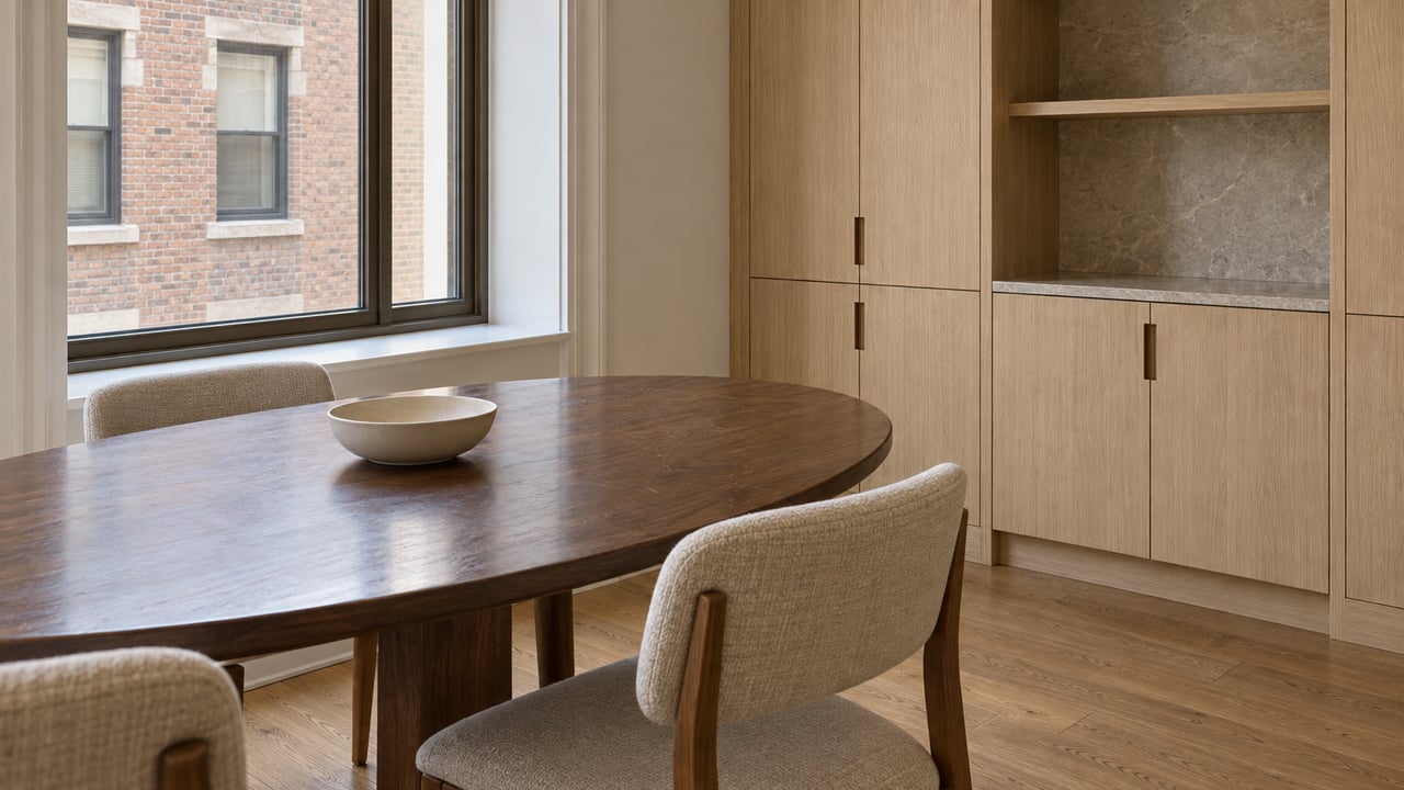 Sunlit apartment dining alcove with a walnut table, cream wool chairs, pale oak cabinetry and a courtyard-facing window.