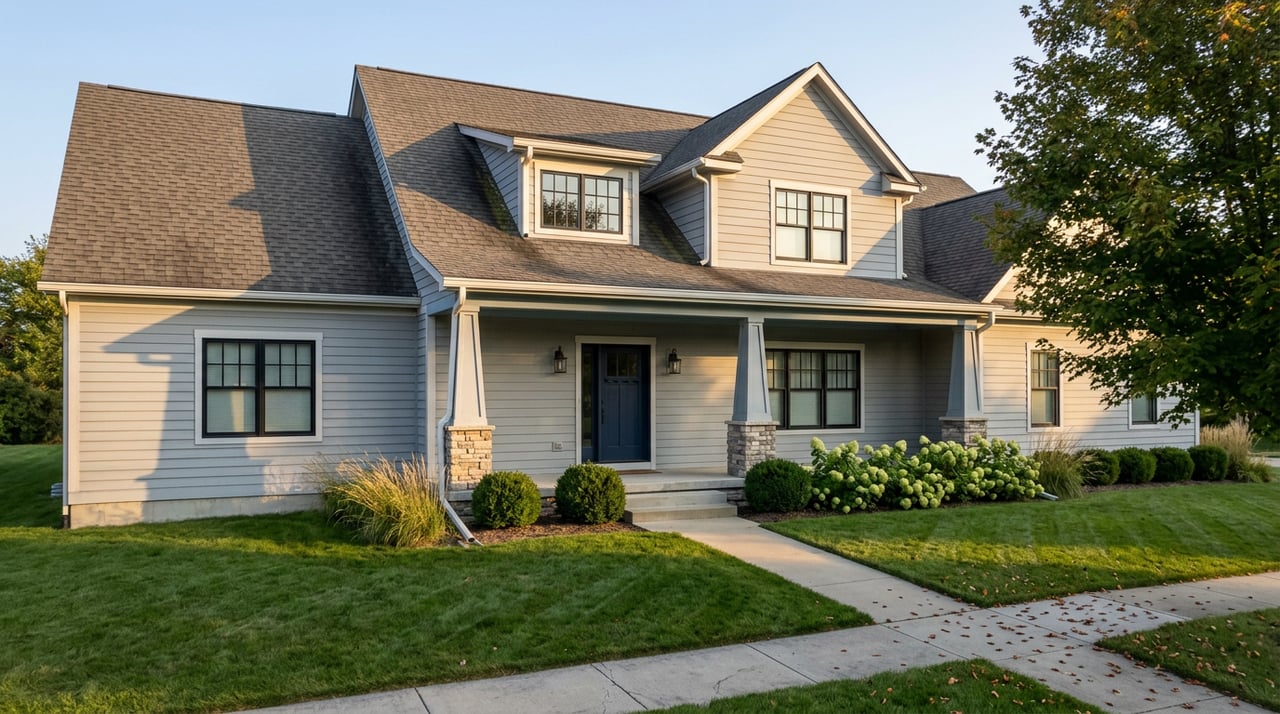 Two-story dove-gray home with a navy door, stone porch bases, deep lawn, and mature shade tree.