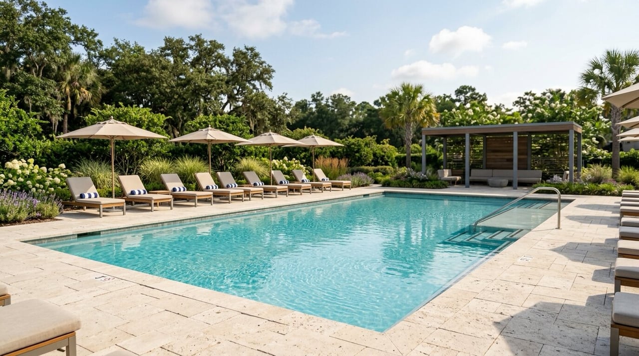Community pool and covered pavilion with native landscaping, the kind of amenity center in Leander master-planned communities