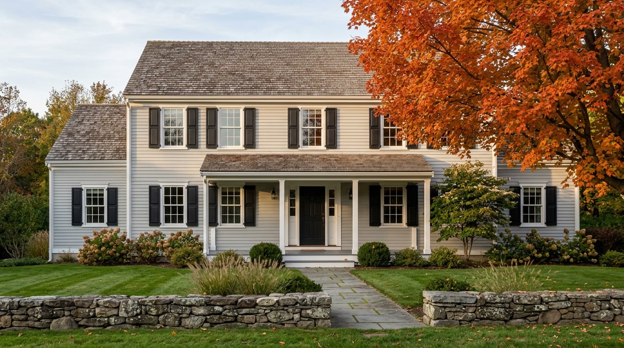Gray clapboard colonial with a cedar-shake roof, broad lawn, fieldstone wall, and orange-red maple tree.