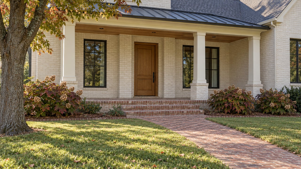 Ivory brick home with a covered porch, oak front door, brick walkway and autumn oakleaf hydrangeas.
