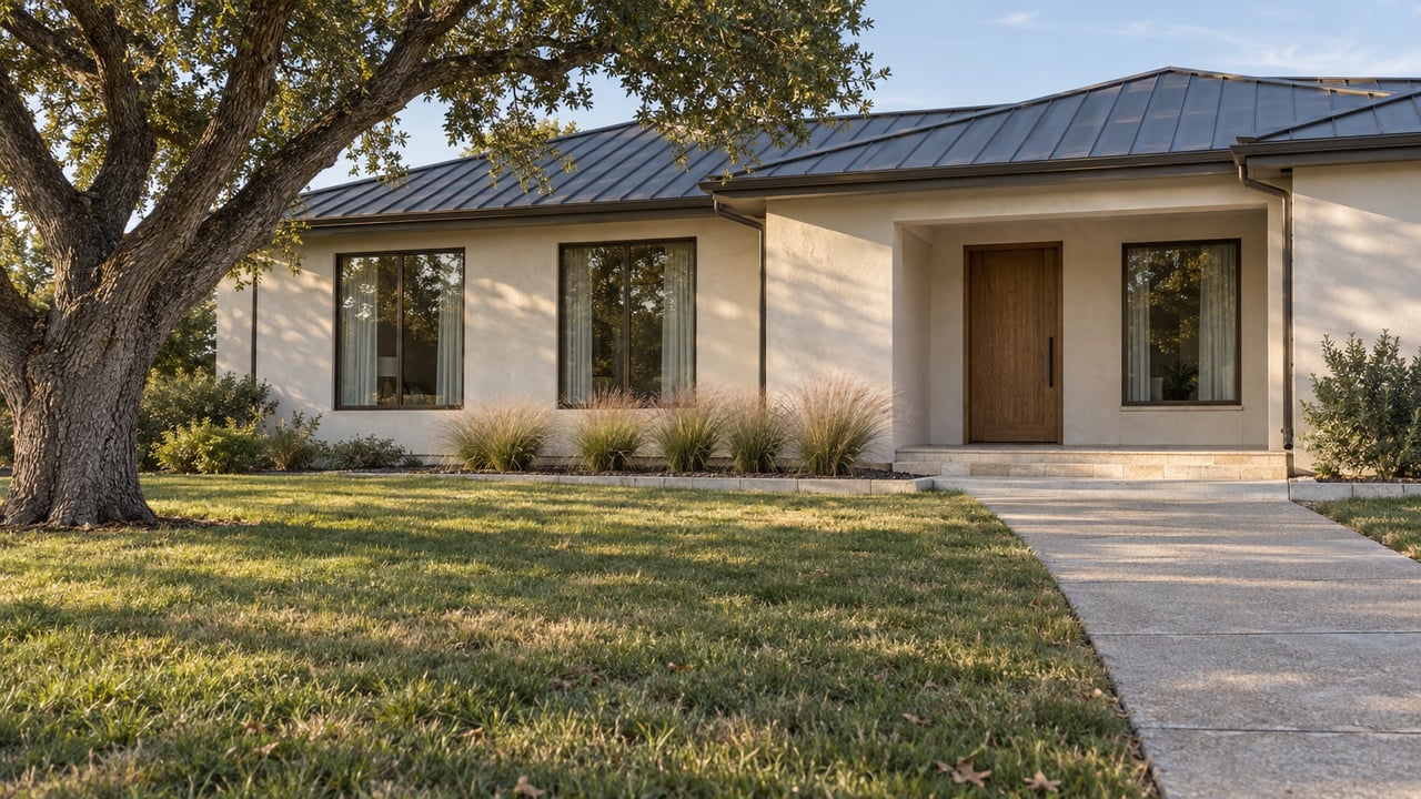 A low-gabled stucco home with bronze-framed windows, an oak front door and a deep lawn beside a mature oak tree.