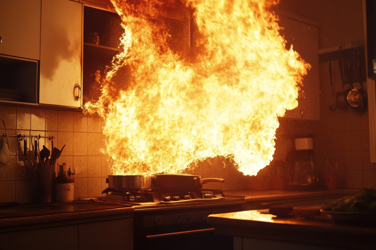 A kitchen fire with large flames spreads over the stovetop and surrounding area, casting an intense glow on the cooking utensils on the wall, creating a platform for understanding essential safety measures.