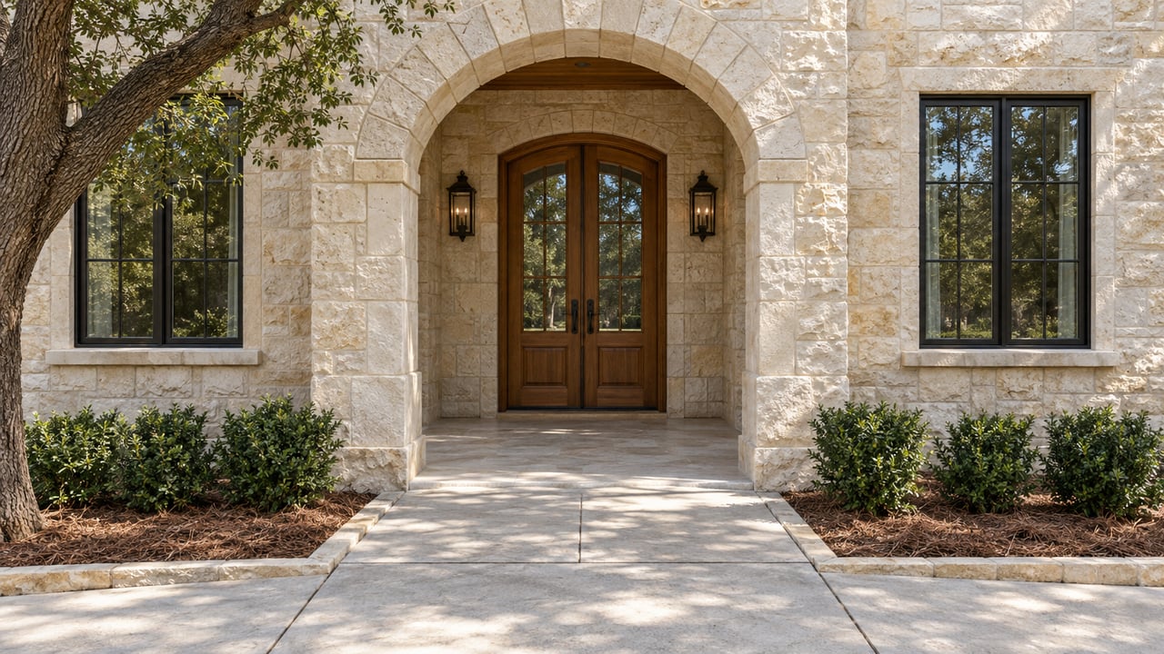 Arched limestone entry with a glazed oak door, dark-framed windows and edged planting beds beside a pale concrete approach.