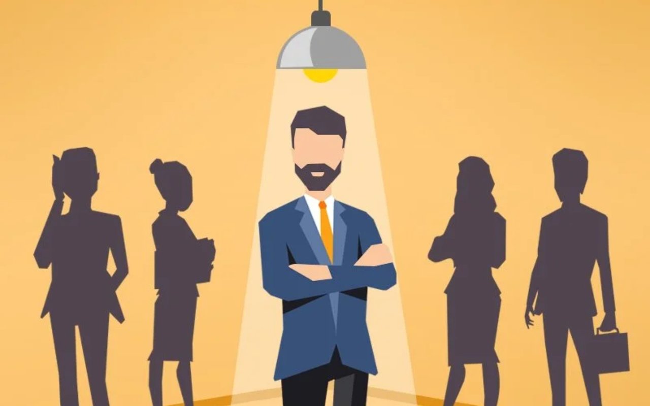 Illustration of a suited real estate agent under a spotlight among silhouettes of other professionals.