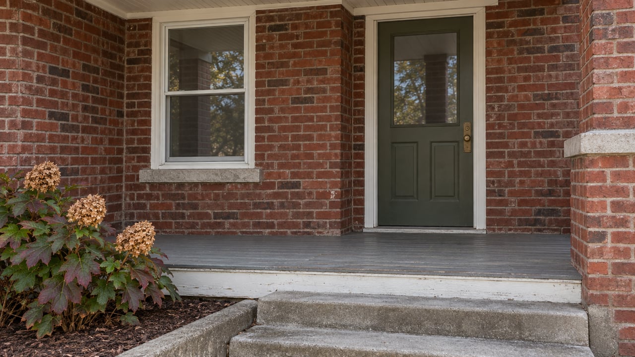 Close view of a red-brick home's covered porch, olive painted front door, white-trimmed window, worn gray decking and concrete steps beside an oakleaf hydrangea.