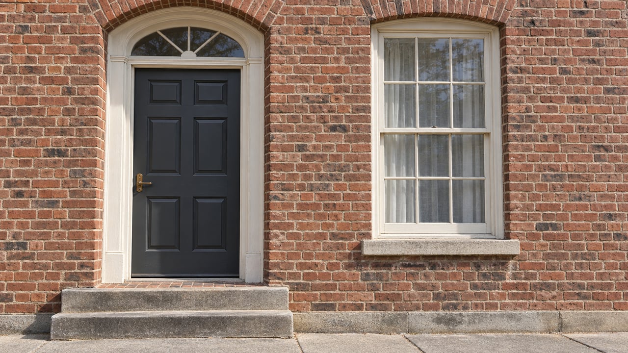 A charcoal door and ivory sash window set into weathered red brick, above worn stone entry steps and a narrow brick landing.