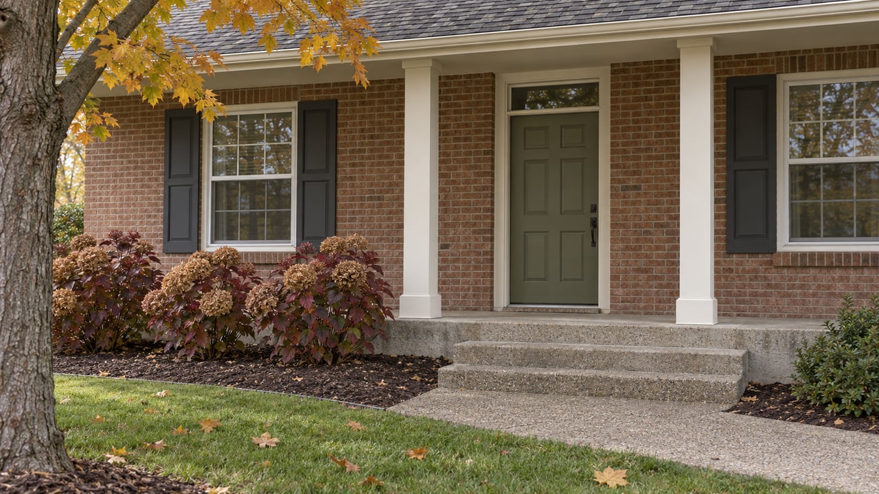 A red-brown brick home with an ivory-columned porch, olive front door and autumn oakleaf hydrangeas beside a weathered concrete walk.