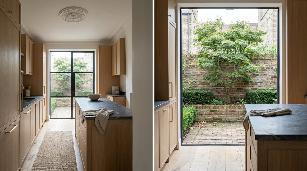 Narrow rowhouse kitchen with a soapstone island, white oak cabinets, and a Japanese maple visible through the rear window.