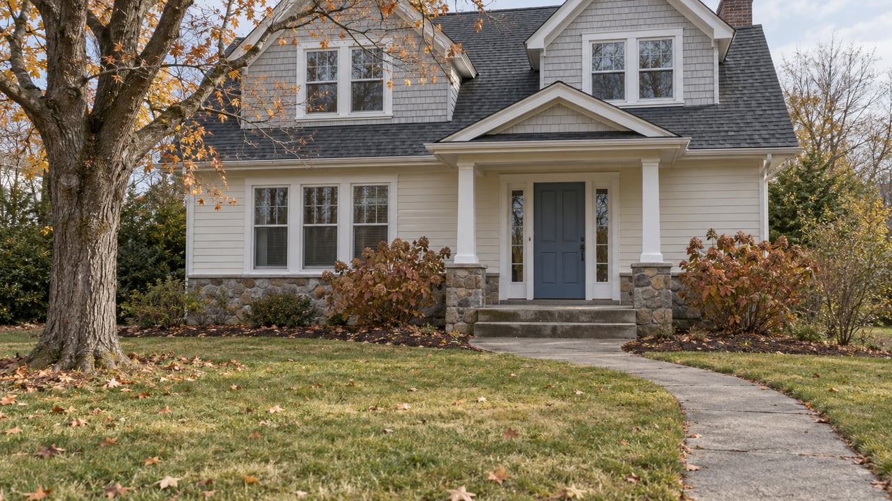 Cream and gray gabled house behind a deep autumn lawn, with a curved concrete walk, nearly bare sugar maple and copper-leaved oakleaf hydrangeas.