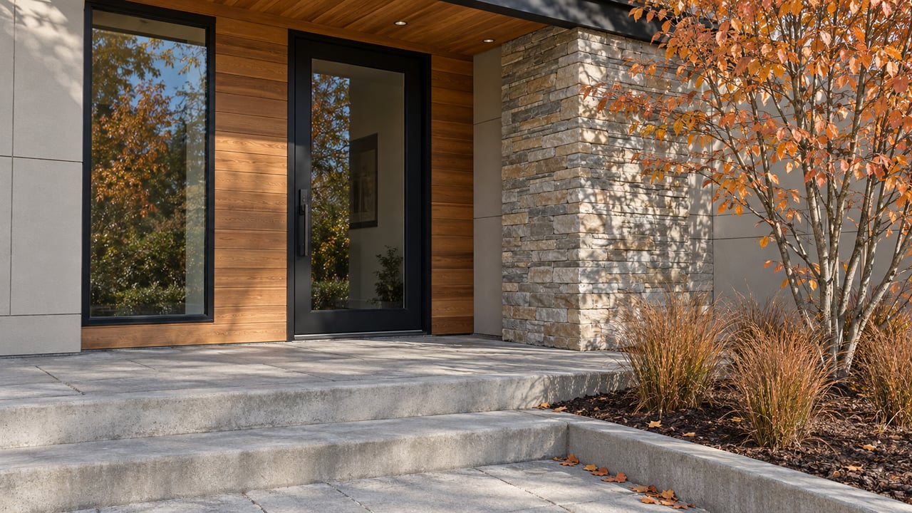 Contemporary home entry with cedar siding, pale panels, stacked stone and black-framed glass beside an orange-leaved serviceberry and bronze grasses.