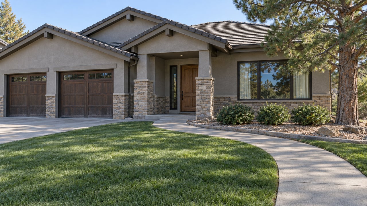 Gabled stucco and stone home beyond a deep lawn and curved concrete walk, with a sculptural pine and gravel planting bed.